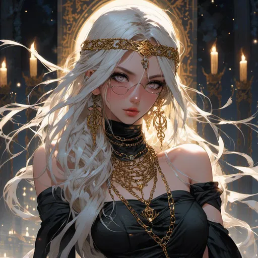 Prompt: <mymodel> cursed saintess with black satin blindfold over her eyes with golden chains. White long hair flowing down her back. Kneeling down in a temple under the moonlight.