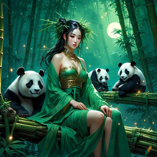 Prompt: <mymodel> beautiful korean goddess of pandas in a bamboo grove underneath the starry skies