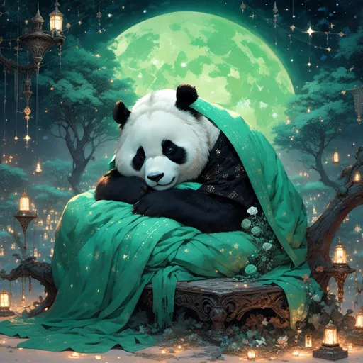 Prompt: <mymodel> panda with pale green fur instead of black. Panda is sleeping under a starry night