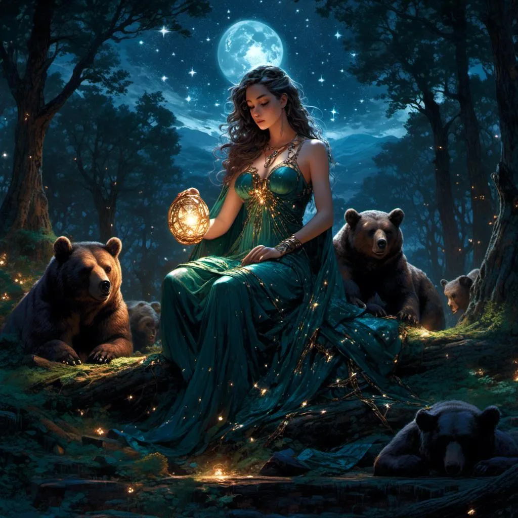 Prompt: <mymodel> Greek goddess of bears in the woods underneath the starry skies.