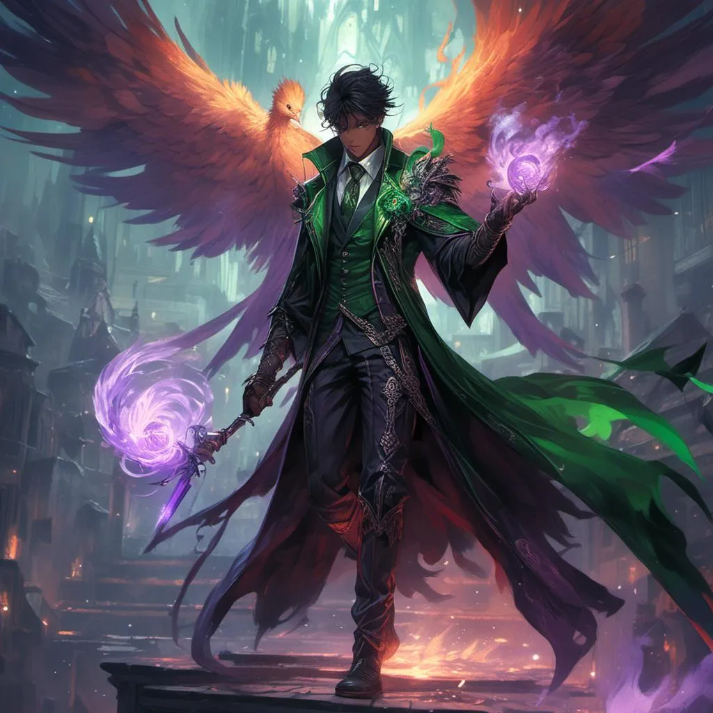 Prompt: <mymodel> handsome male warlock with green flame magic. Purple Phoenix is on a magic staff.