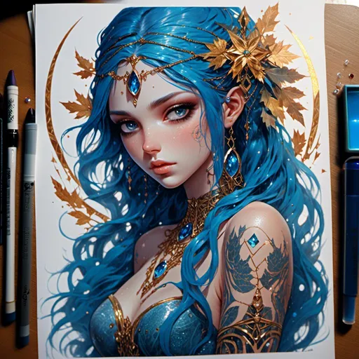 Prompt: <mymodel> beautiful water nymph with long midnight blue hair and golden eyes with slits and a gemstone in the middle of her forehead. Full shoulder tattoos.