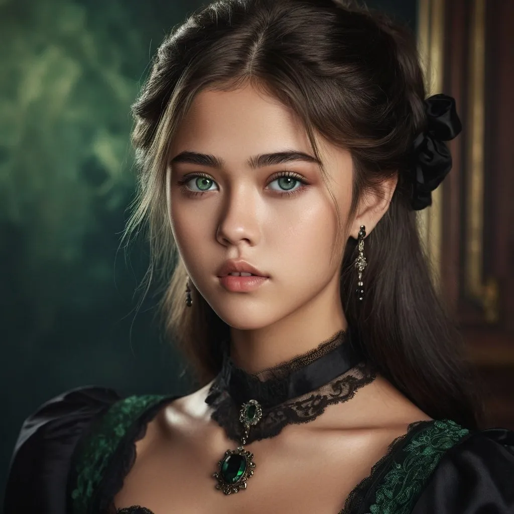 Prompt: Beautiful 18-year-old woman with green eyes, Justin Bieber + Kim Taehyung combination, black Victorian dress, high-quality portrait, detailed facial features, realistic rendering, cool tones, atmospheric lighting, detailed eyes, elegant attire, professional, highres, detailed facial structure, beautiful, striking gaze, stylish, vintage, long hair