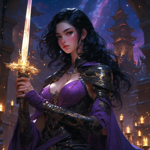 Prompt: <mymodel> beautiful purple eyed black hair paladin female with a longsword in her hands in a temple under a starry night