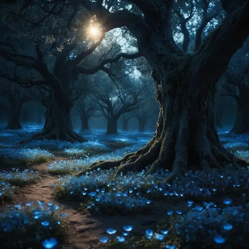 Prompt: Tälanthir Ëanil, a mysterious, dim, and magical spirit realm shrouded in a theme of midnight blue and black. It’s a place where sunlight will never find its way into. The time is permanently set to midnight, and the stars of celestial beauty are twinkling above. A tree sheds ethereal light from its foliages. Bioluminescent. Fairy dusts everywhere. The glowing flowers seem to weave a soft, aromatic carpet on the ground. Ethereal, bioluminescent, dreamy, heavenly, relaxing, glowing, fantastical, mystical. 8K, ultra detailed, cinematic, high res, high quality, sharp focus, full shot. Exclude any signs of sunlight, sunset, or the sun itself