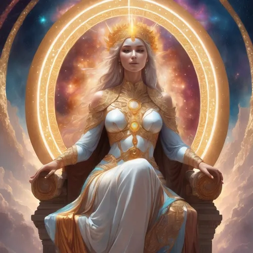 Prompt: Goddess of reincarnation sitting on a cosmic throne, ethereal beauty, golden skin, celestial robes, intricate cosmic details, transcendent aura, divine presence, ultra-detailed, digital painting, fantasy, celestial colors, cosmic lighting