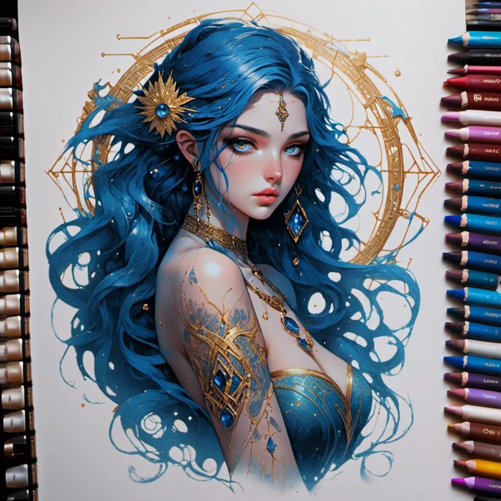 Prompt: <mymodel> beautiful water nymph with long midnight blue hair and golden eyes with slits and a gemstone in the middle of her forehead. Full shoulder tattoos.