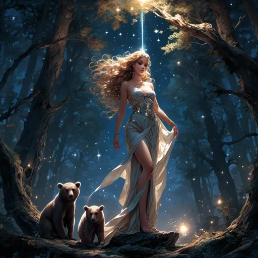 Prompt: <mymodel> beautiful greek goddess of bears in the woods underneath the starry skies.