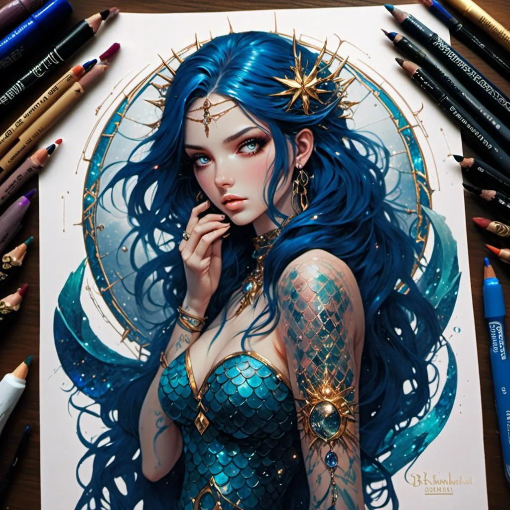 Prompt: <mymodel> beautiful mermaid with long midnight blue hair and golden eyes with slits and a gemstone in the middle of her forehead. Full shoulder tattoos.