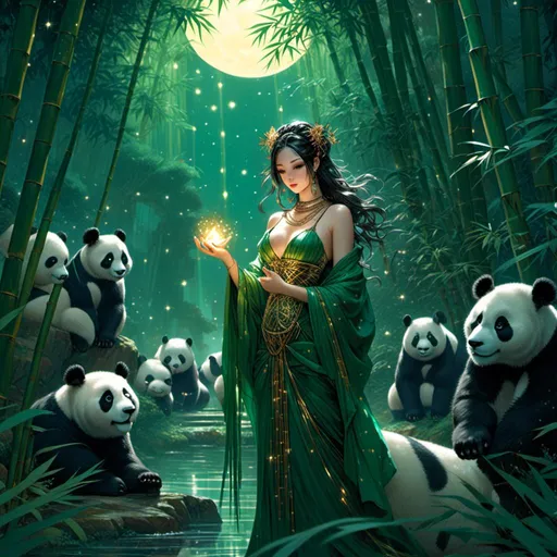 Prompt: <mymodel> beautiful greek goddess of pandas in the bamboo grove underneath the starry skies.