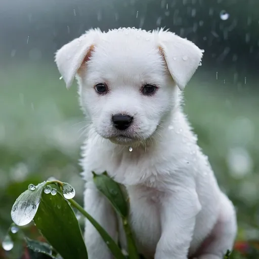 Prompt: teardrops, fog, morning dew, flower petal, rain, white, puppy, baby