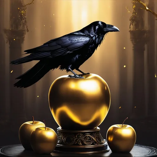 Prompt: Raven bird sitting on a glistening golden apple. The raven's wings are out. Gothic.