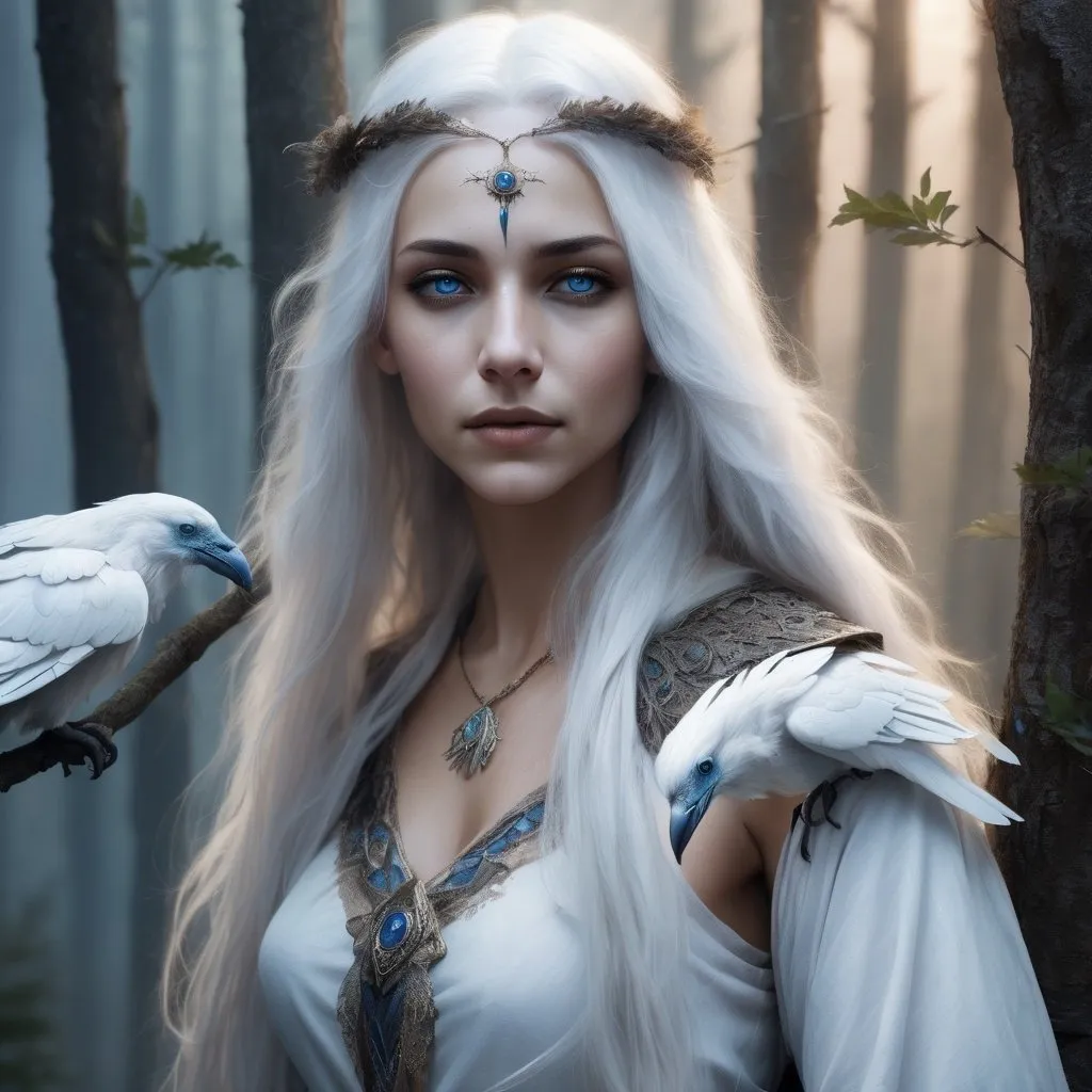 Prompt: Beautiful white raven witch with long white hair, young face, blue eyes, olive skin, high-quality, realistic, fantasy, detailed feathers, magical atmosphere, mystical lighting, enchanting, ethereal beauty