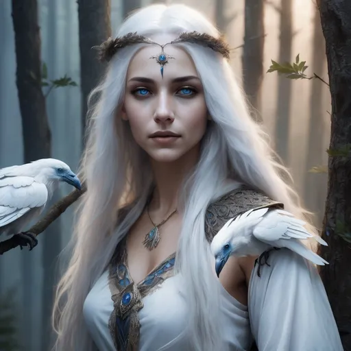 Prompt: Beautiful white raven witch with long white hair, young face, blue eyes, olive skin, high-quality, realistic, fantasy, detailed feathers, magical atmosphere, mystical lighting, enchanting, ethereal beauty