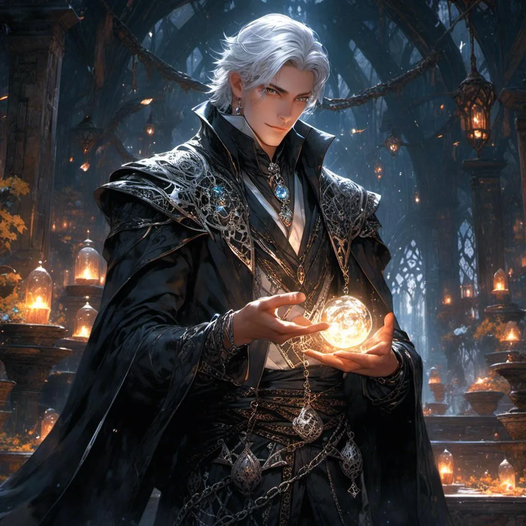 Prompt: <mymodel> handsome silver-haired warlock.