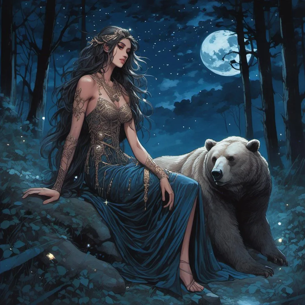 Prompt: <mymodel> Greek goddess of bears in the woods underneath the starry skies.