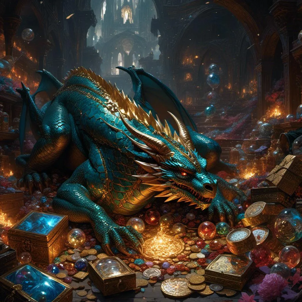 Prompt: <mymodel> miasmic dragon sleeping surrounded by its treasure hoard.