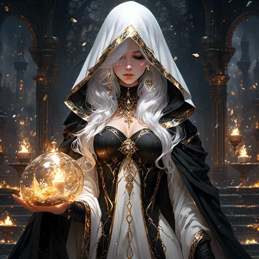 Prompt: <mymodel> beautiful white haired saintess wearing a black and gold hooded cloak covering her eyes wearing a flowing white, black and gold gown