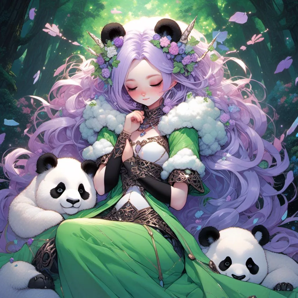 Prompt: <mymodel> panda girl with a unicorn horn in the middle of her forehead. Her hair is pale green that fades to lavender purple. She has panda ears on top of her head. She is sleeping on top of a giant green and white panda. She has a blanket over her.