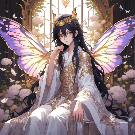 Prompt: <mymodel>Beautiful boy with long black hair, 13 years old, butterfly wings, heterochromia purple eyes, silver and white magical robe, gold butterfly throne, high quality, detailed, anime style, fantasy, magical color tones, ethereal lighting