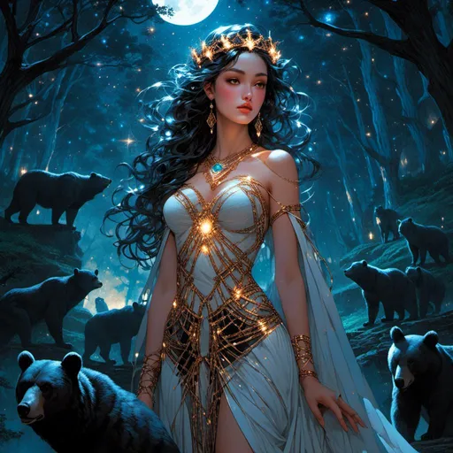 Prompt: <mymodel> Greek goddess of bears in the woods underneath the starry skies.