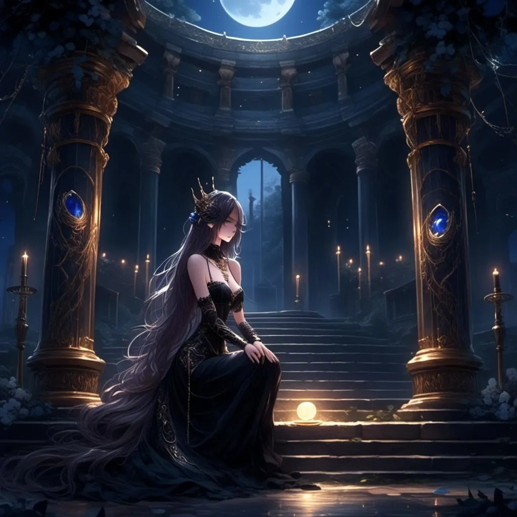 Prompt: <mymodel>Blindfolded girl with long, dual-toned hair, silk black dress, sapphire gem details, kneeling at a mystical temple, high quality, detailed, elegant, crescent moon pendant, moonlit, dark atmosphere, atmospheric lighting, detailed facial features, professional, mysterious, moonlit, mystical, detailed, highres