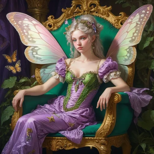 Prompt: Detailed rococo painting of a fairy on a luxurious throne, thoughtful expression, butterfly perched on shoulder and arm, intricate details, high-res, official art, Adam Elsheimer, heterochromia purple and green eyes, detailed and ornate, vibrant and pastel colors, magical and whimsical lighting