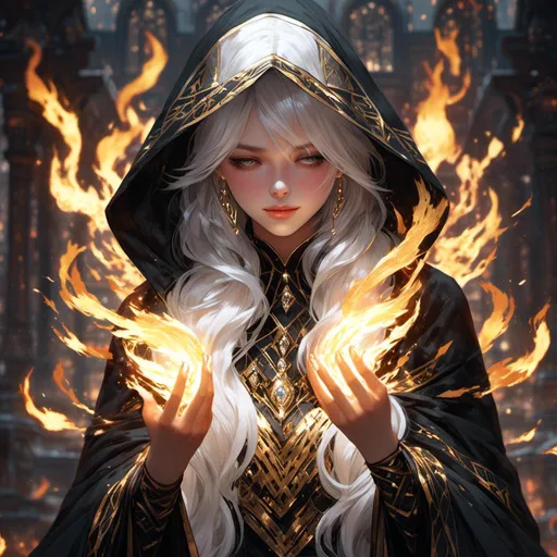 Prompt: <mymodel> beautiful white-haired saintess wearing a black and gold hooded cloak covering the upper half of her face wearing a flowing white, black, and gold gown. golden flames in her hands