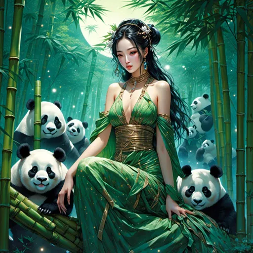 Prompt: <mymodel> beautiful korean goddess of pandas in a bamboo grove underneath the starry skies