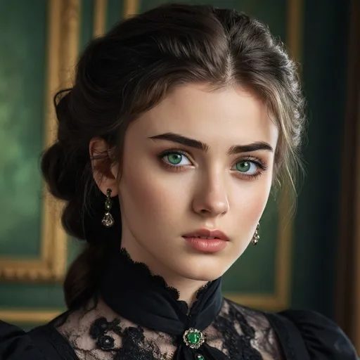 Prompt: Beautiful 18-year-old woman with green eyes, Chris Evans + Zayn Malik combination, black Victorian dress, high-quality portrait, detailed facial features, realistic rendering, cool tones, atmospheric lighting, detailed eyes, elegant attire, professional, highres, detailed facial structure, beautiful, striking gaze, stylish, vintage, long hair