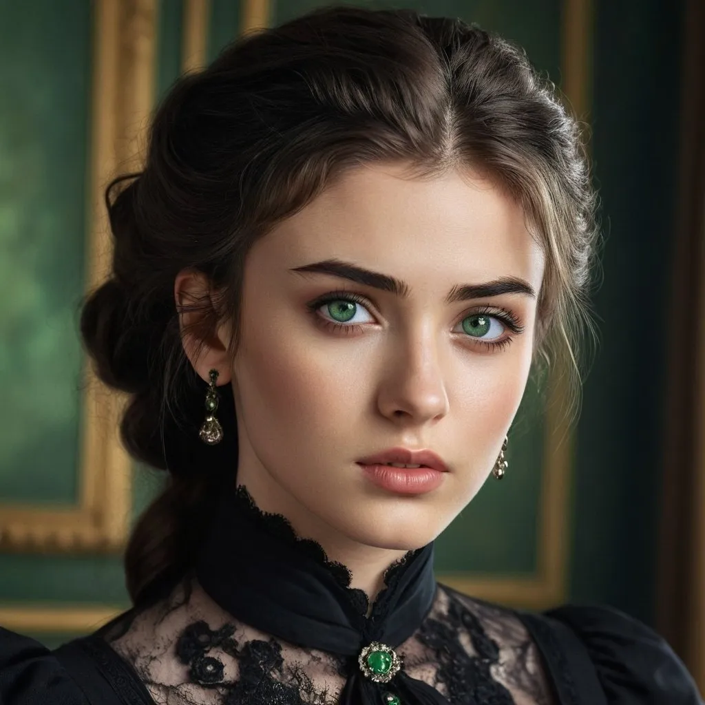 Prompt: Beautiful 18-year-old woman with green eyes, Chris Evans + Zayn Malik combination, black Victorian dress, high-quality portrait, detailed facial features, realistic rendering, cool tones, atmospheric lighting, detailed eyes, elegant attire, professional, highres, detailed facial structure, beautiful, striking gaze, stylish, vintage, long hair