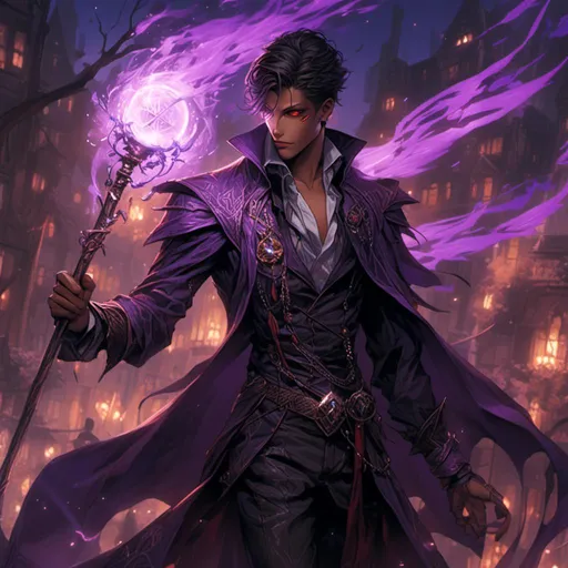 Prompt: <mymodel> handsome male warlock with purple flame magic. Purple Phoenix is on a magic staff.