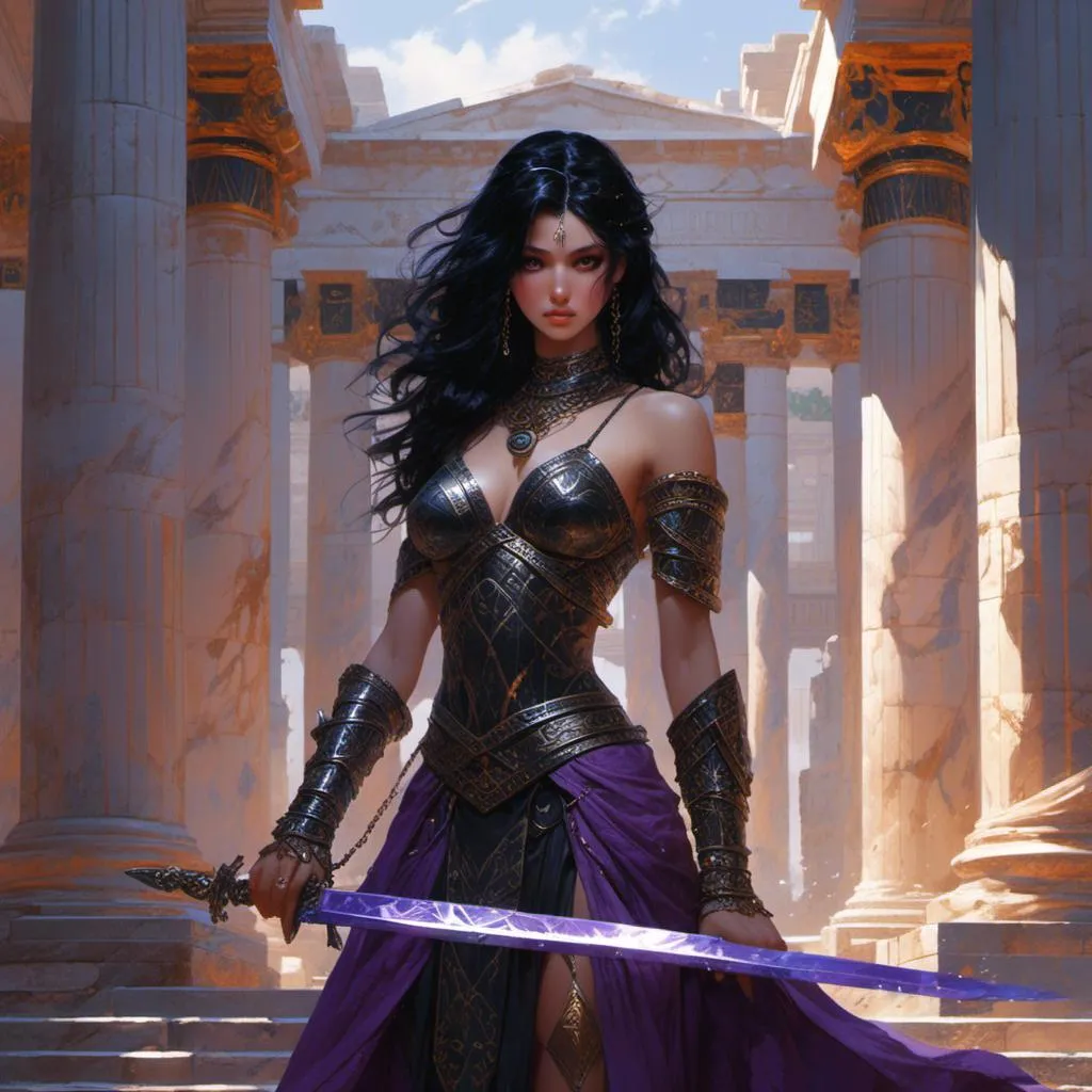 Prompt: <mymodel> beautiful black hair paladin female with purple eyes with a longsword in her hands in a greek temple.