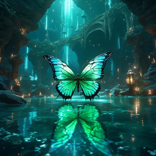 Prompt: <mymodel>(butterfly encased in jade crystal), (cave floor illuminated by soft, ethereal light), (water stardust sparkling like diamonds), serene atmosphere, tranquil vibes, rich emerald tones of jade, intricate details of the butterfly's wings, gentle reflections on the crystal, deep blues and shimmering silvers of the water, (highly detailed), (4K ultra-detailed), magical and enchanting environment.