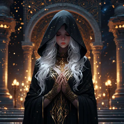 Prompt: <mymodel> beautiful white haired greek saintess wearing a black and gold hooded cloak covering her eyes wearing a flowing white, black and gold gown. In a temple under a starry night