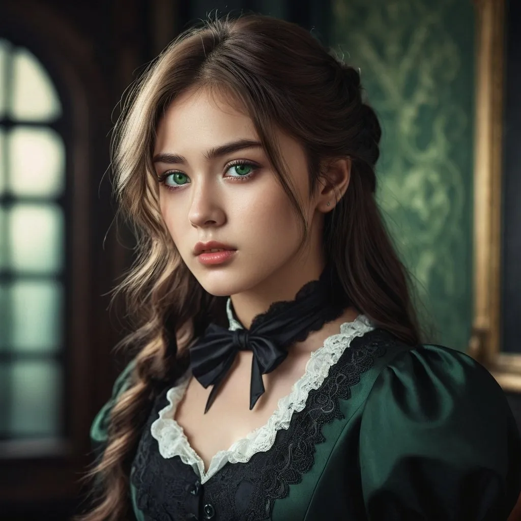 Prompt: Beautiful 18-year-old woman with green eyes, Chris Evans + Kim Taehyung combination, black Victorian dress, high-quality portrait, detailed facial features, realistic rendering, cool tones, atmospheric lighting, detailed eyes, elegant attire, professional, highres, detailed facial structure, beautiful, striking gaze, stylish, vintage, long hair