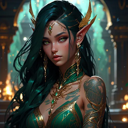 Prompt: <mymodel> beautiful light brown skin elf with long greenish black hair shaved on the side and golden eyes. full shoulder and body gold ink tattoo.