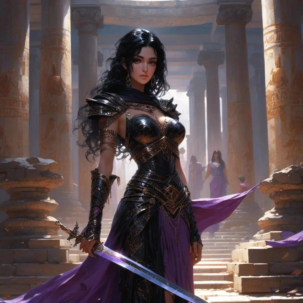 Prompt: <mymodel> beautiful black hair paladin female with dark purple eyes with a longsword in her hands in a greek temple.