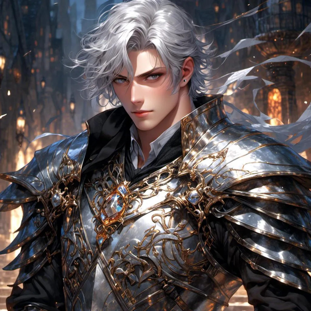 Prompt: <mymodel> handsome silver-haired knight