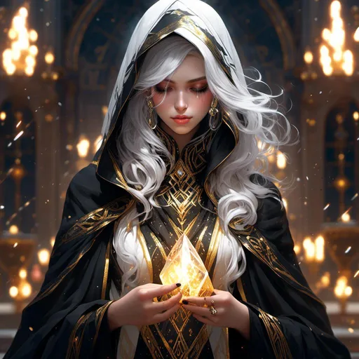 Prompt: <mymodel> beautiful white haired greek saintess wearing a black and gold hooded cloak covering upper half of her face wearing a flowing white, black and gold gown. 