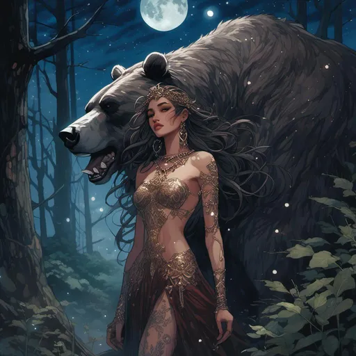 Prompt: <mymodel> Greek goddess of bears in the woods underneath the starry skies.