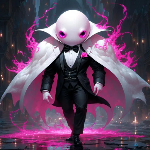 Prompt: <mymodel> cute Human-like white blob creature with slitted magenta eyes wearing a tuxedo.