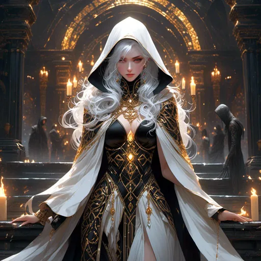 Prompt: <mymodel> beautiful white haired saintess wearing a black and gold hooded cloak covering upper half of her face wearing a flowing white, black and gold gown. She is holding a divine staff