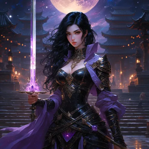 Prompt: <mymodel> beautiful black hair paladin female with purple eyes with a longsword in her hands in a temple under a starry night