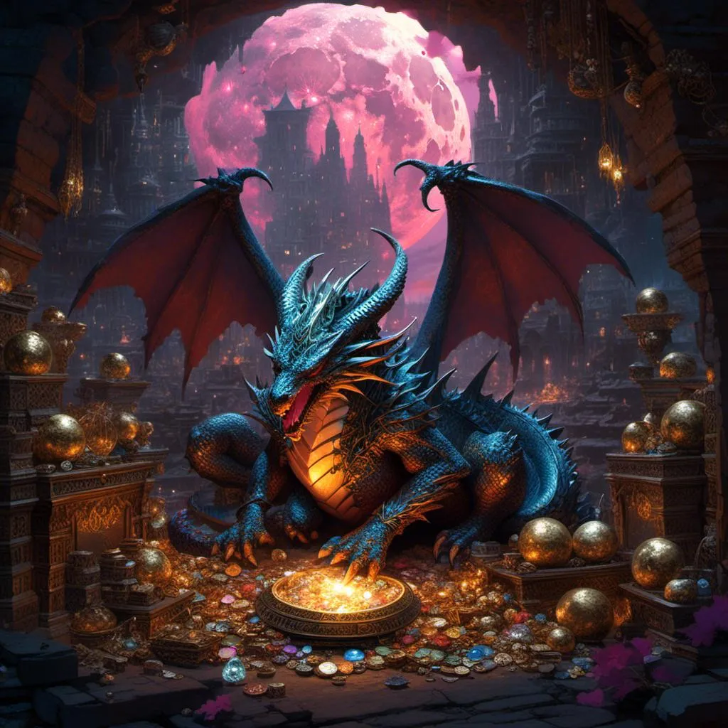 Prompt: <mymodel> miasmic dragon sleeping surrounded by its treasure hoard. Open cavern full moon above