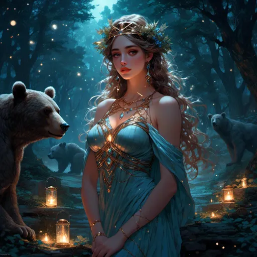 Prompt: <mymodel> beautiful greek goddess of bears in the woods underneath the starry skies.