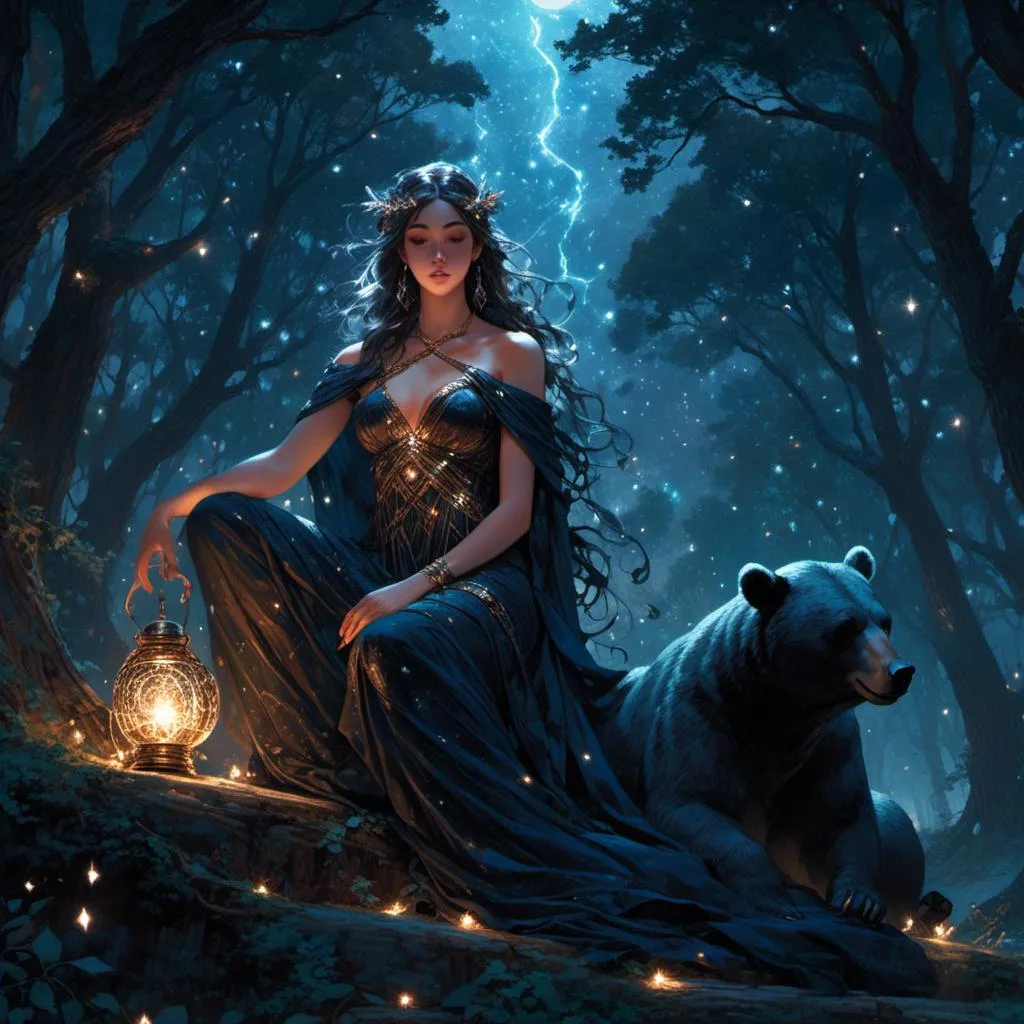 Prompt: <mymodel> Greek goddess of bears in the woods underneath the starry skies.