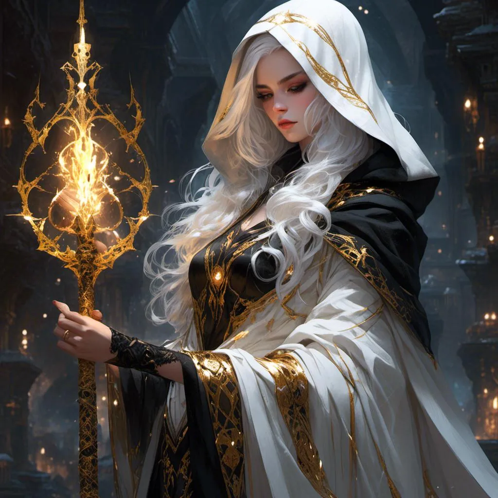 Prompt: <mymodel> beautiful white haired saintess wearing a black and gold hooded cloak covering upper half of her face wearing a flowing white, black and gold gown. She is holding a divine staff