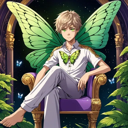 Prompt: Anime illustration of a 12-year-old fairy prince with purple and green heterochromia eyes, stoic and calm facial expression, long solver hair, Justin Bieber inspiration, large butterfly wings in flight, sitting on a fairy throne with crossed legs, right arm resting on armrest with head laying on palm, detailed eyes, butterfly wings, highres, anime, fantasy, regal, elegant, detailed wings, serene lighting