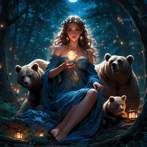 Prompt: <mymodel> beautiful greek goddess of bears in the woods underneath the starry skies.